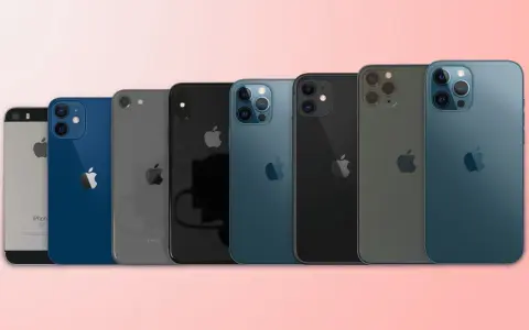 Rad av iPhones i olika färger och iphone storlekar, från SE till Pro Max-modeller.