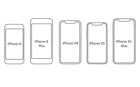 Linjerade illustrationer av iPhones i olika storlekar: iPhone 8, 8 Plus, XR, XS och XS Max. Jämför iPhone XR mått med andra modeller.