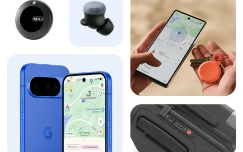 Hitta min mobil med hjälp av spårningsbrickor och kartor. En blå Pixel-telefon visar en karta, en hand håller en annan telefon med en spårningsbricka och nycklar.