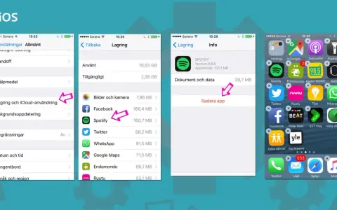 Visar hur du kan ta bort appar på iPhone. Navigera till Lagring och iCloud-användning för att se och radera appar.