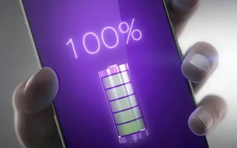 En hand håller en telefon med 100% laddning och en batteriikon. Perfekt samsung batteritid för en lång dag.
