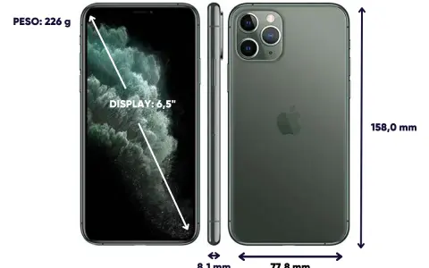 iPhone 11 Pro Max storlek: 6,5-tums skärm, 158,0 mm höjd, 77,8 mm bredd, 8,1 mm tjocklek och väger 226 g.