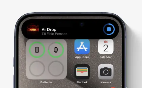 iPhone visar AirDrop-överföring till Elsie Persson. En bild av en konsert visas.