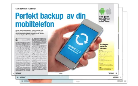 En hand håller en mobiltelefon med en ikon för säkerhetskopiering. Artikeln handlar om hur man kan kopiera sms och andra filer för backup.