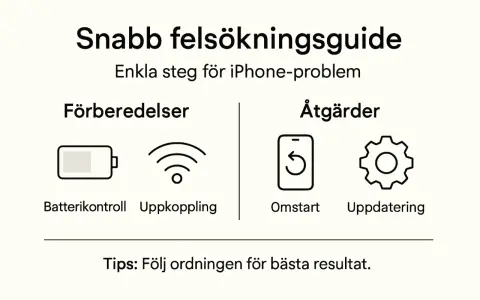 Snabb felsökningsguide för iPhone-problem. Bild i bild visar batterikontroll, uppkoppling, omstart och uppdatering.
