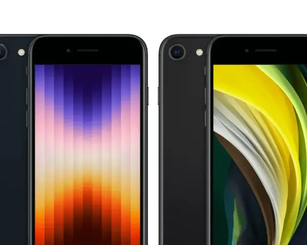 Två svarta iPhones, en med en färggrann bakgrund och en med en gulgrön bakgrund. Perfekt iphone se storlek för fickan.