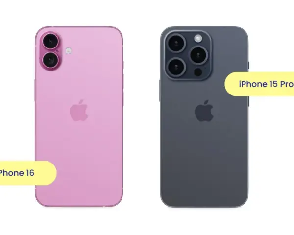 Två iPhones, en rosa iPhone 16 och en mörkgrå iPhone 15 Pro, visas sida vid sida. Perfekt för att kopiera iPhone till iPhone.