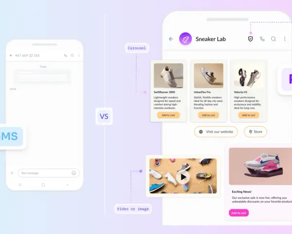 Jämförelse mellan SMS och ett modernt rcs meddelande med karusell, video och media-kort för att visa upp sneakers.