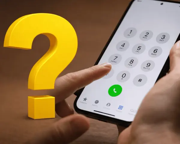 Hur gör man för att flytta simkort till ny mobil? En stor gul fråga och en hand som håller en telefon med knappsatsen framme.