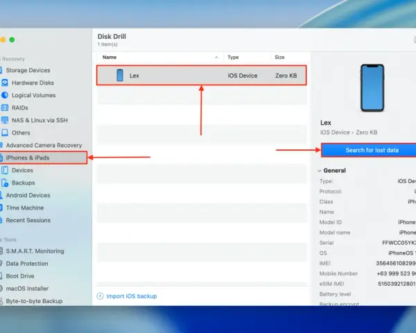 Disk Drill visar en iPhone som en iOS-enhet. Klicka på "Sök efter förlorad data" för att återställa raderade bilder iPhone.