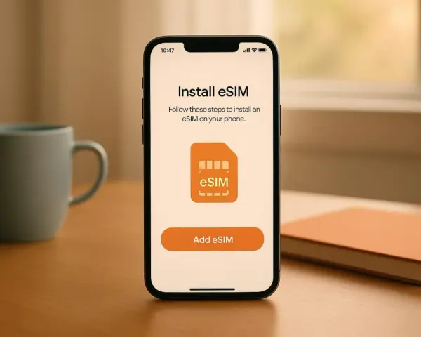 iPhone-skärm visar hur du installerar eSIM. En mugg och en anteckningsbok syns i bakgrunden.