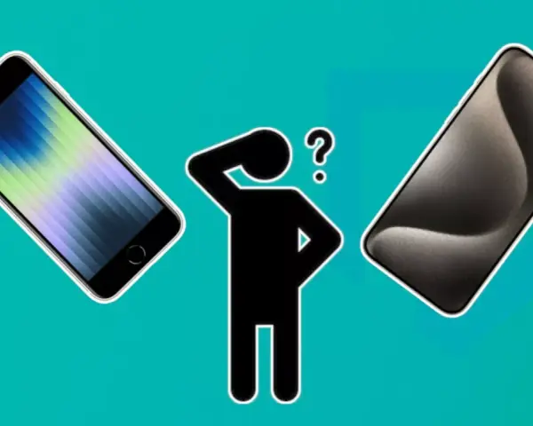 En person funderar vilken telefon har jag. Två iPhones, en äldre modell och en nyare, visas bredvid en tankfull figur.