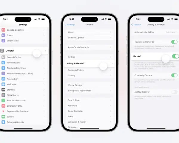 Urklipp från iPhone-inställningar visar AirPlay & Handoff. Här kan du aktivera Handoff för smidig övergång mellan enheter.