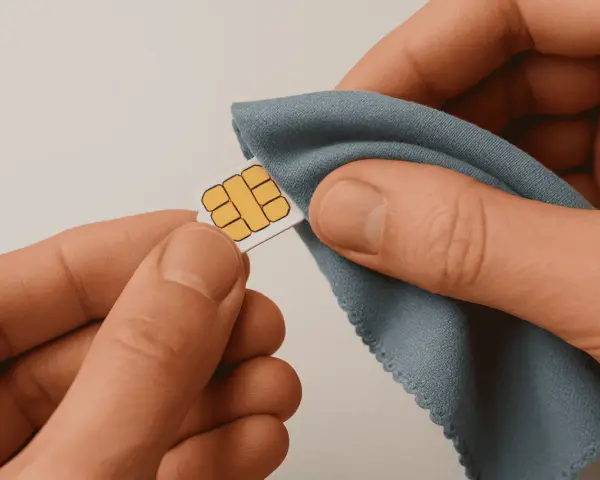 Händer som försiktigt putsar ett SIM-kort med en blå trasa. Enkel guide för hur man får ut simkortet.