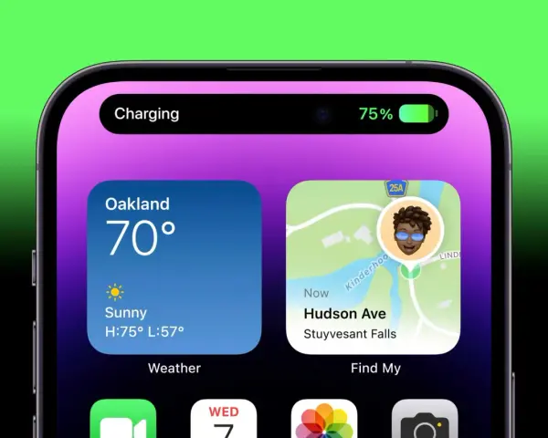 iPhone visar optimerad batteriladdning, 75% laddat. Vädret i Oakland är 70 grader och soligt.