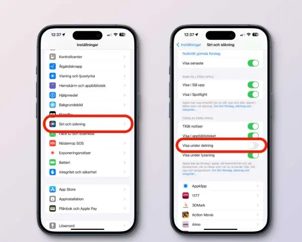 Inställningar på iPhone: Siri och sökning. Här kan du styra vad som visas vid sökning och delning, vilket kan underlätta när du vill importera kontakter iPhone.