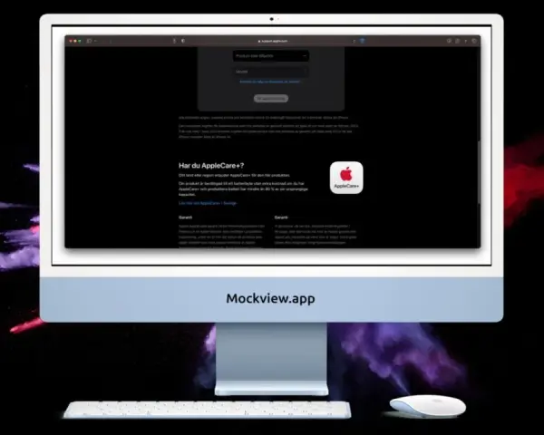 En iMac visar en webbsida om AppleCare+ och garanti för iPhone.
