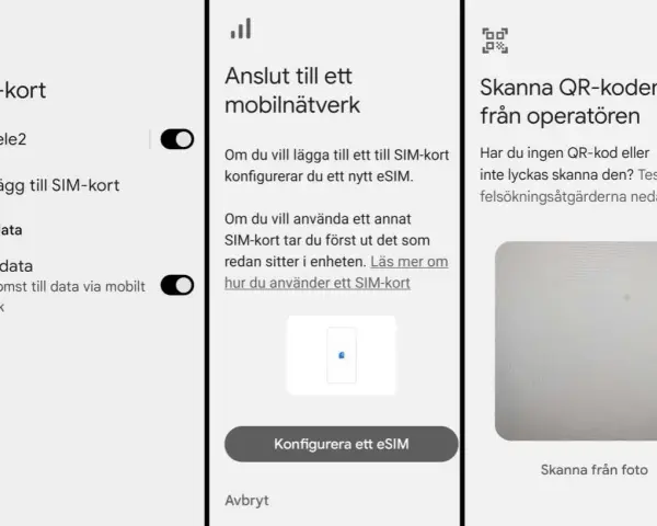 Inställningar för SIM-kort. Visar alternativ för att lägga till SIM-kort, konfigurera eSIM och skanna QR-kod från operatören.