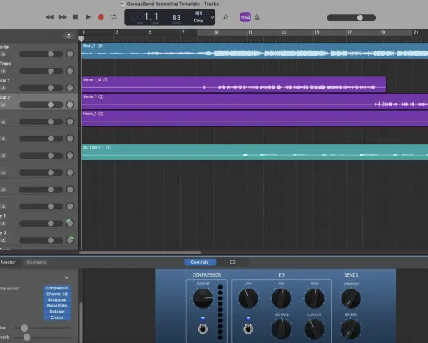 Skapa en ringsignal för iPhone i GarageBand. Spår för beat, sång och adlibs syns. Kontroller för kompressor, EQ och reverb är synliga.