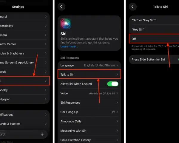 Inställningar för Siri. "Hej Siri" är avstängt.