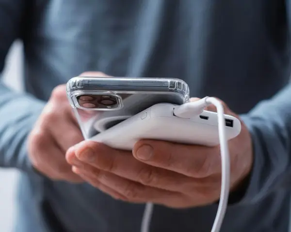 En person laddar sin mobiltelefon med en powerbank. Frågan "vad kostar det att ladda en mobiltelefon" är relevant när man använder en extern laddare.