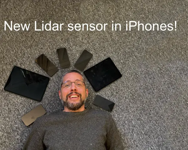 Man med glasögon omgiven av iPhones och iPads. Texten "New Lidar sensor in iPhones!" syns.
