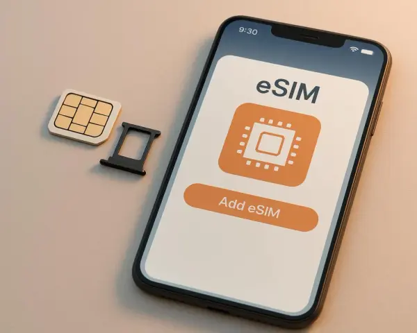 En telefon visar hur fungerar esim med en knapp för att lägga till. Bredvid ligger ett traditionellt SIM-kort och dess hållare.