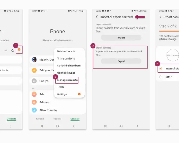 Steg för steg för att exportera kontakter från Android till intern lagring.