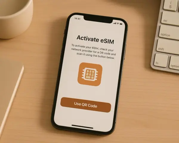 iPhone-skärm visar aktivering av eSIM. En knapp för att använda QR-kod syns.