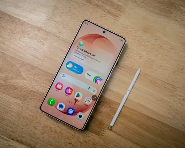 Samsung-telefon med stylus och simkort. En skärm visar "Good afternoon" och väder.