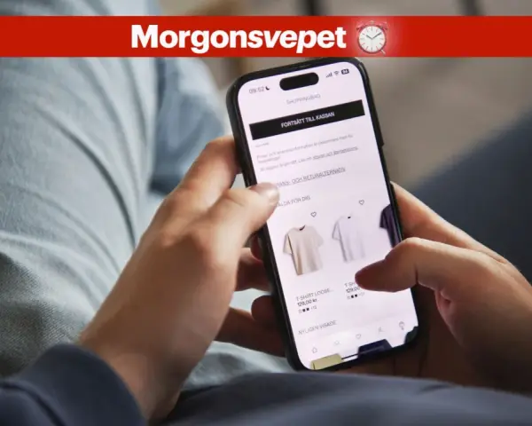 Person använder mobil för att handla kläder, ser information om returer och apple återbetalning.