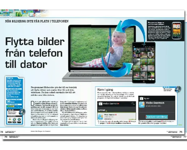 En guide för att flytta bilder från telefon till dator, med en glad flicka på en gunga som visas på en datorskärm.