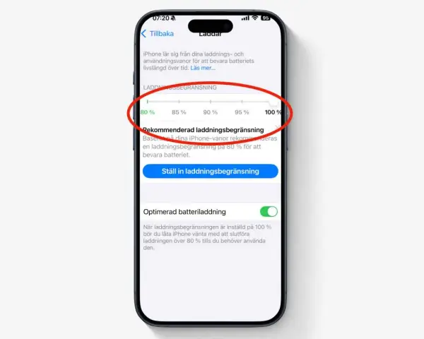 iPhone-inställningar för optimerad batteriladdning. Justera laddningsbegränsningen för att bevara batteriets livslängd.