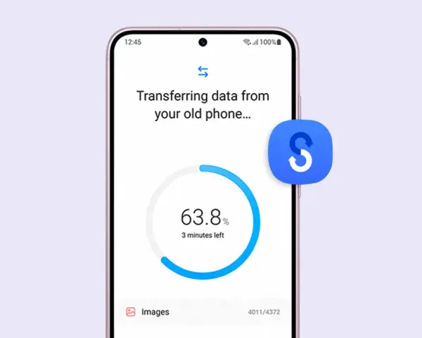 En Samsung-telefon visar dataöverföring från en gammal telefon. Appar och bilder flyttas, 63,8% klart.