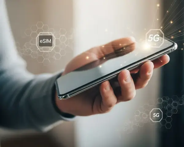 En hand håller en smartphone med ikoner för eSIM och 5G. Enkel process att flytta eSIM till ny telefon.