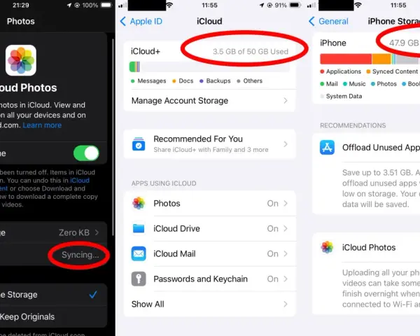 Inställningar för iCloud Photos visar att synkronisera iPhone med iPad pågår.