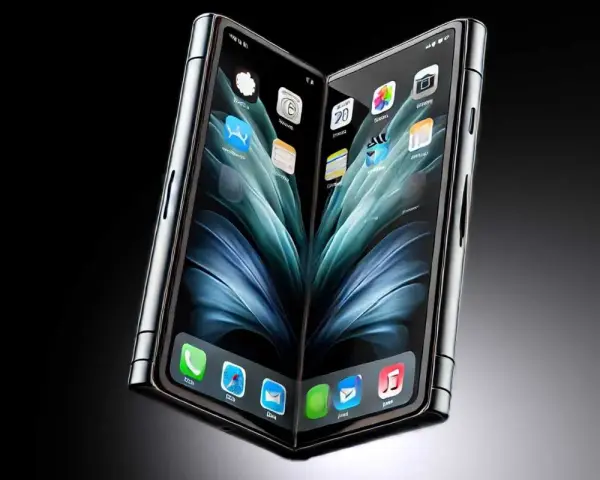 En futuristisk iPhone flip-telefon med två skärmar som visar ikonerna för appar.