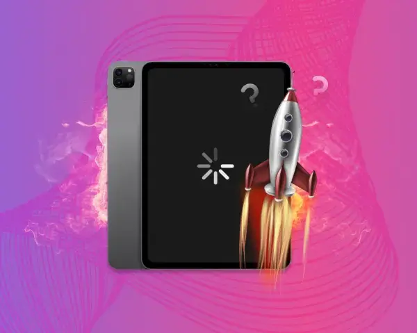 En raket skjuter upp från en iPad, som symboliserar att ipad batteri laddar ur snabbt.