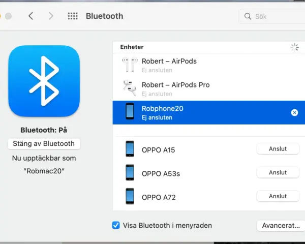 Bluetooth-inställningar visar hur du kan koppla iPhone till dator. Enheten "Robphone20" är listad men ej ansluten.