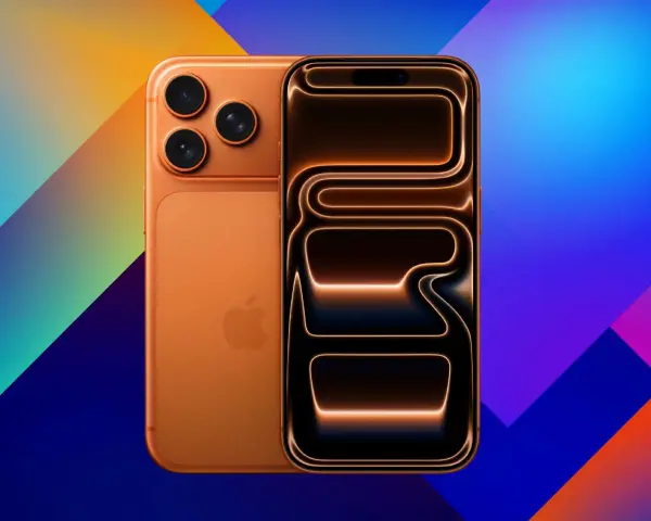 Orange iPhone 18 Pro med tre kameror på baksidan och en skärm med glödande linjer.