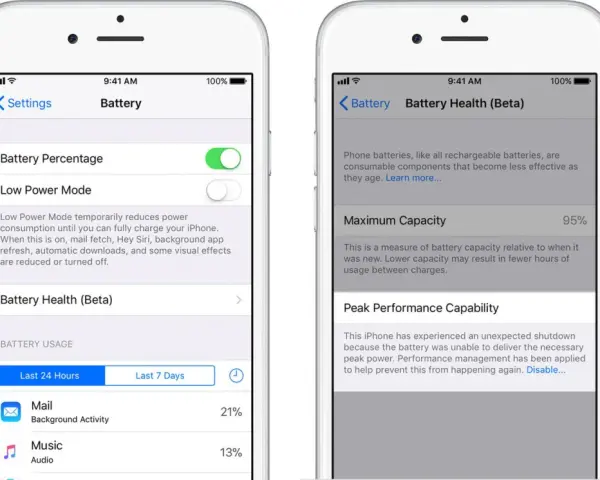 iPhone 11 batteri kapacitet visas som 95% maximal kapacitet. Inställningar för batterihälsa och strömsparläge.