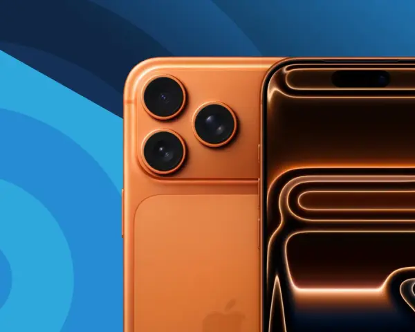 Två orangea iPhones, en med tre kameror och en med en dynamisk ö som visar en glödande design. Perfekt för dig som vill ha ett mobil med bra batteritid.