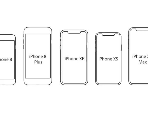 Linjerade illustrationer av iPhones i olika storlekar: iPhone 8, 8 Plus, XR, XS och XS Max. Jämför iPhone XR mått med andra modeller.