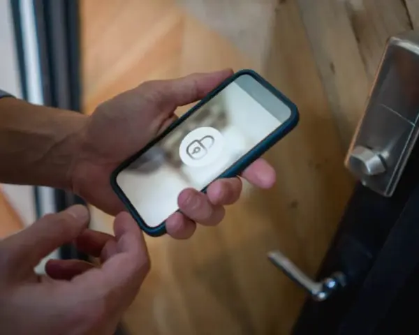 En person håller en iPhone 6 med en upplåsningsikon på skärmen, redo att låsa upp dörren.