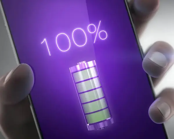 En hand håller en telefon med 100% laddning och en batteriikon. Perfekt samsung batteritid för en lång dag.