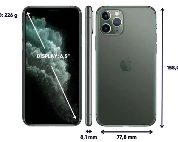 iPhone 11 Pro Max storlek: 6,5-tums skärm, 158,0 mm höjd, 77,8 mm bredd, 8,1 mm tjocklek och väger 226 g.