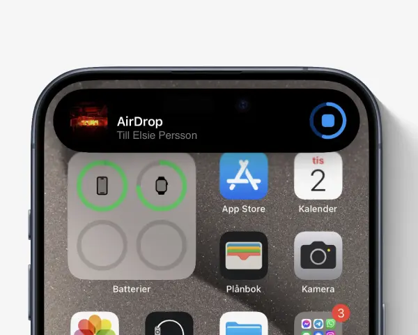 iPhone visar AirDrop-överföring till Elsie Persson. En bild av en konsert visas.