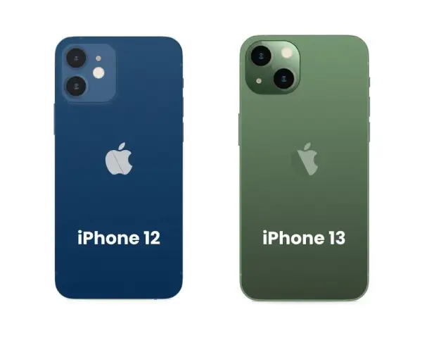 Jämförelse av iPhone 12 och 13. Den blå iPhone 12 har två kameror, medan den gröna iPhone 13 har en diagonal kameralinsplacering.