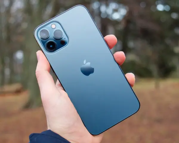 En hand håller en blå iPhone 12 Pro Max. Dess storlek är perfekt för att fånga höstens färger i bakgrunden.