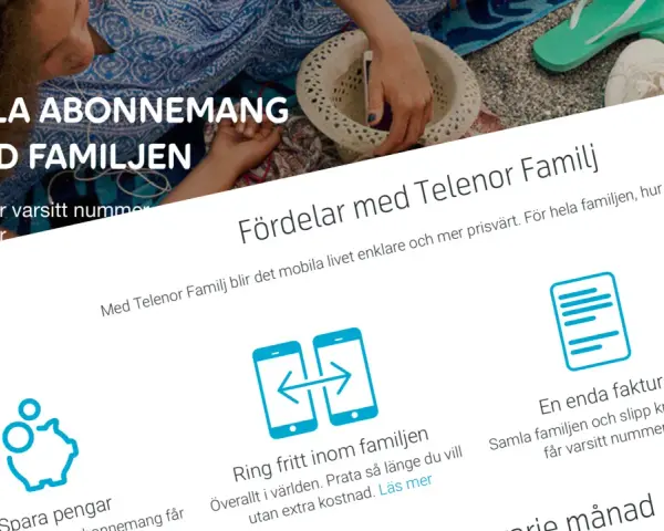 Telenor Familj: dela abonnemang med familjen. Alla får varsitt nummer och kan ringa fritt inom familjen. En extra SIM-kort för hela familjen.